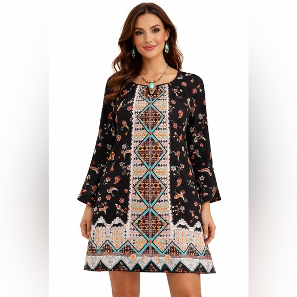 New Direction Dresses & Skirts - New Direction Boho Tunic Dress Geometric Paisley Med. 3/4 Tiered Bell Sleeves